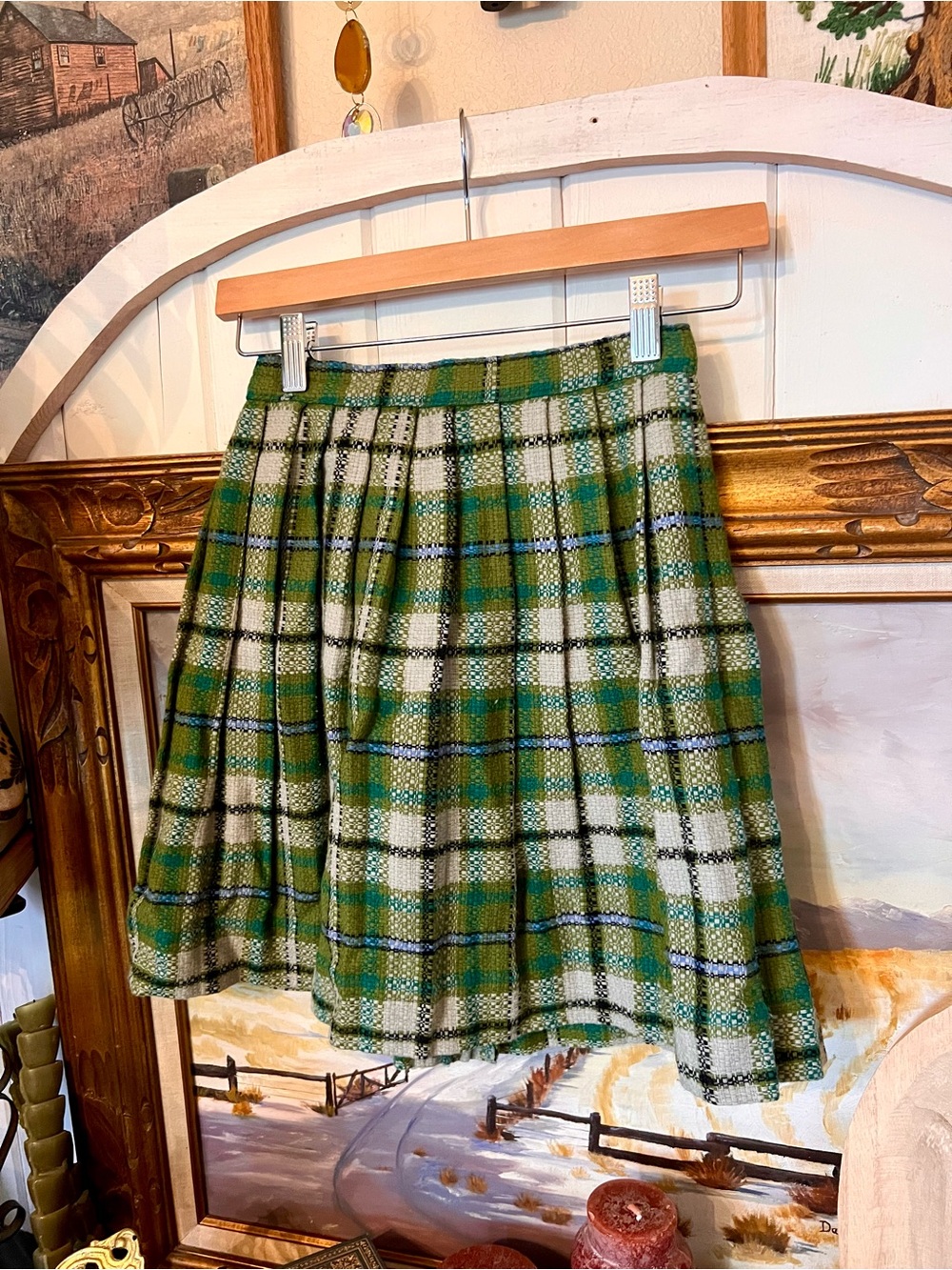 Vintage 1950’s Union Tag Green Plaid Mini Skirt With Metal Zipper School Preppy